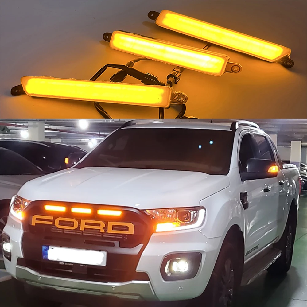 3pcs White/Yellow Led Drl Daytime Lights For Ford Ranger T8 2018-2021 Front Mesh Mask Cover Leds Lighting Fog Lamp Bar