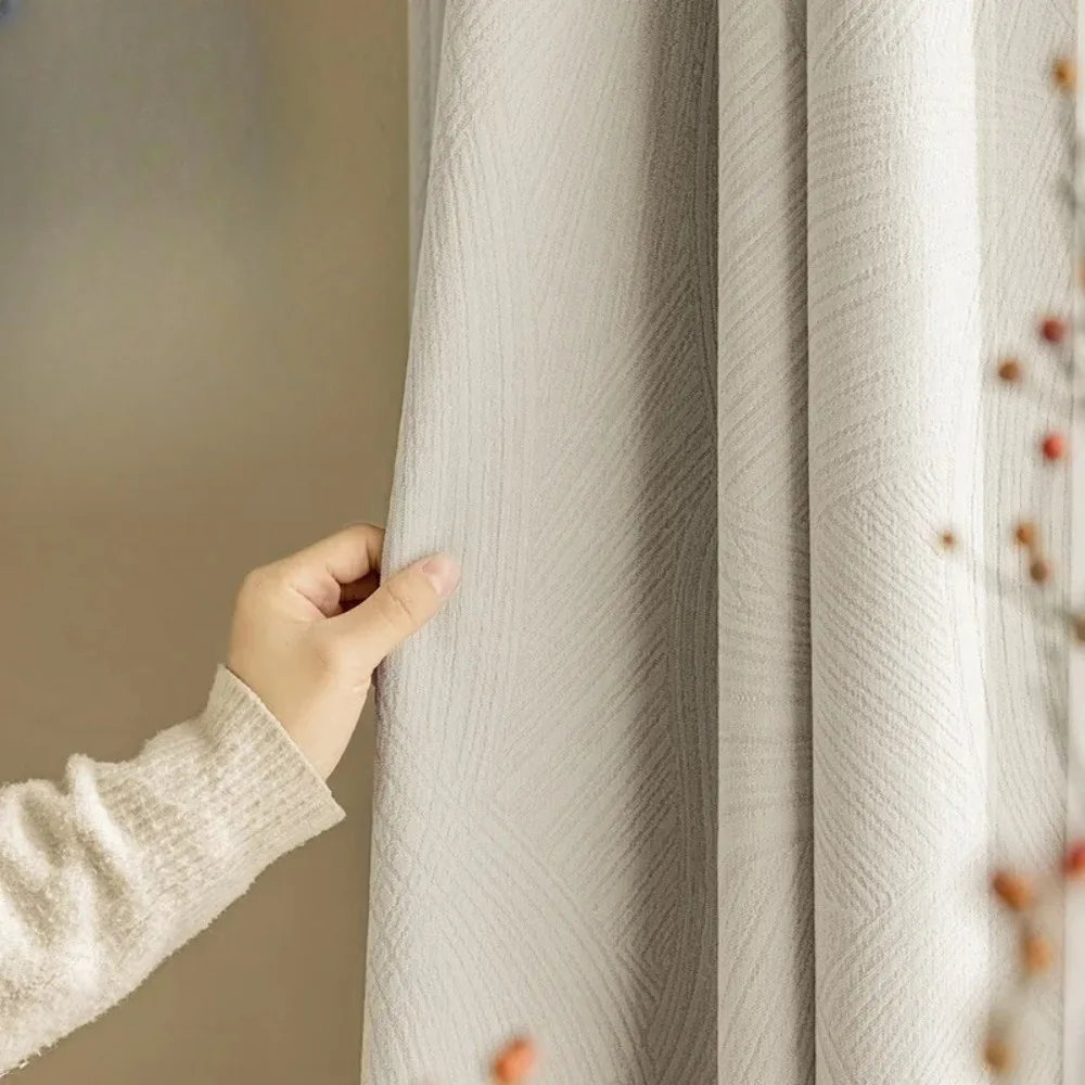 Japanese Style Chenille Cream Blackout Luxury Curtains Customizable for Bedroom Living Room Bay Window Elegant Stylish
