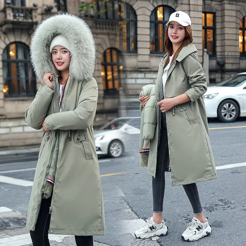 2022 New Winter Jacket Women Parka Long Coat Wool Liner Hooded Jacket Fur Collar Thick Warm Snow Wear Padded Parka Student Coat