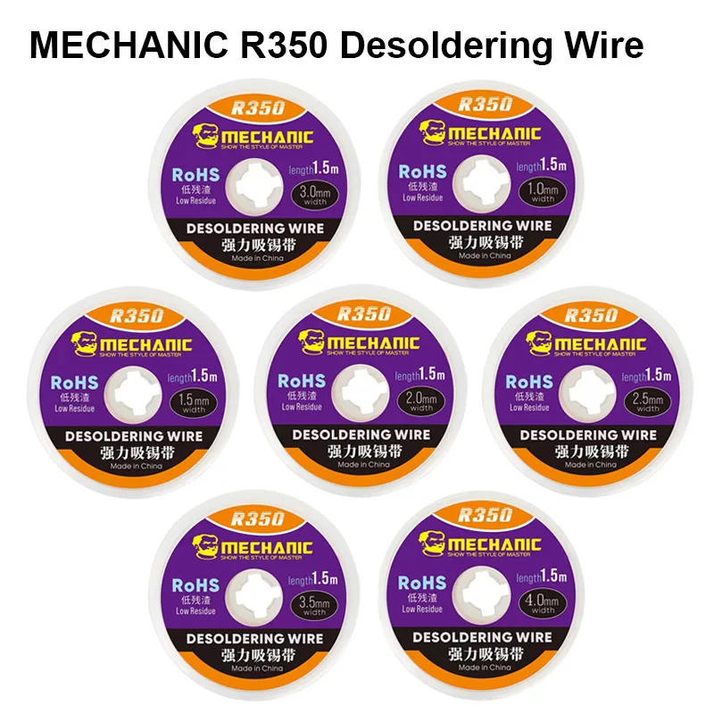 

Паяльная проволока MECHANIC R350 с низким содержанием остатков, 1.0/1.5/2.0/2.5/3.0/3.5/4.0 мм, из чистой меди, для поглощения припоя, для ремонта электроники и очистки