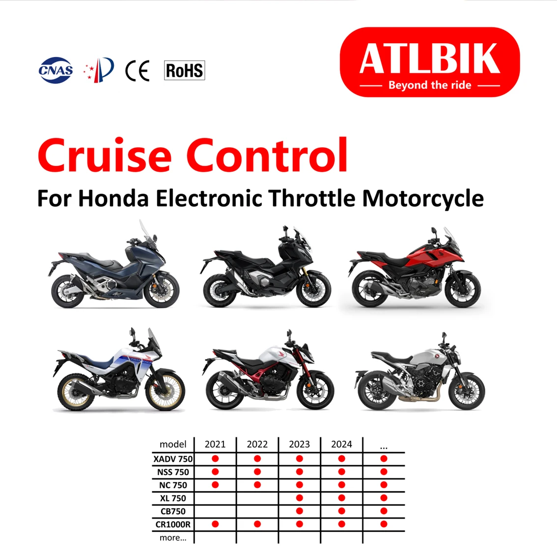

Cruise Control Kit for Honda FORZA 750 / NSS750 / X-ADV750 / CB750 / XL750 / CB1000R – Plug & Play