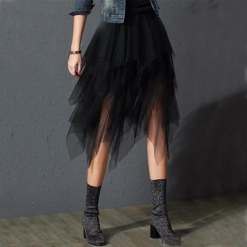 New Fairycore Lady ´s Fashionable Sexy Solid Color Mesh Skirt, Irregular Elastic Tulle Bubble Skirt, Daily Life and Vacation