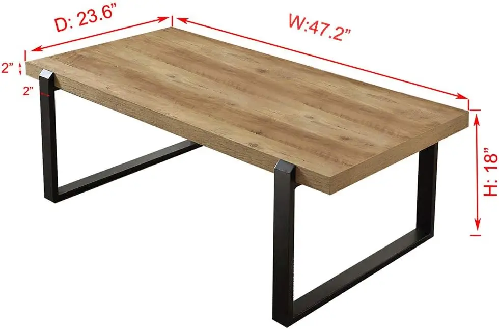 Mesa de café rústica, madeira e metal industrial mesa para sala de estar 47 polegadas