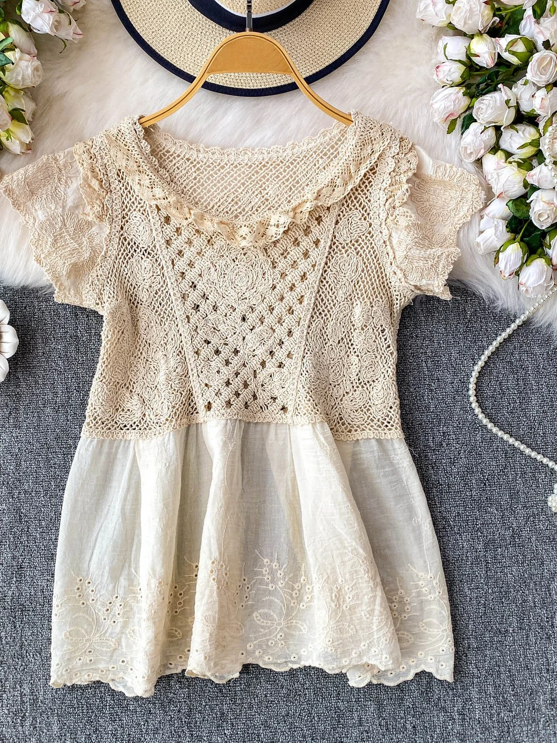

Bohemian Style round Neck Lace Trimmed Hollow out Knitted Loose Women's Shirt Summer Slimming Splice Skirt Upper Body