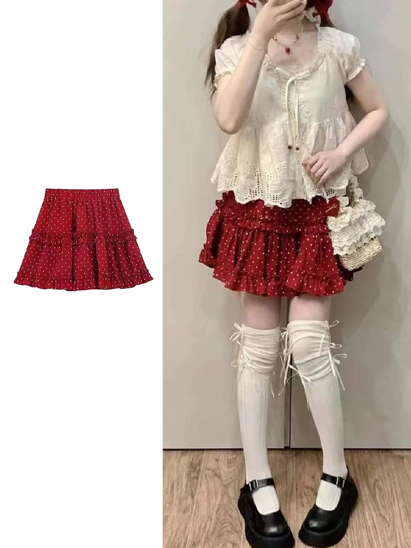 plus Size Women's Red Polka Dot A-Line Fluffy  Skirt Summer New Sweet Youth Reduction High Waist Non-Elastic Fabric