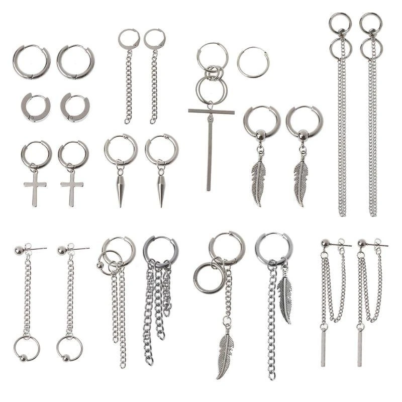 

652F for Creative Jewelry Set 12 Pairs Statement Kpop Korean for Feather Earrings Fashion Chain Dangle Hoop Earrings fo
