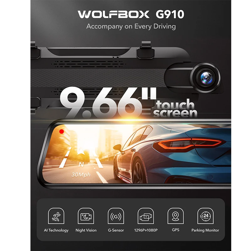 WOLFBOX G910 Dash Camera Frontale e Posteriore Dash Cam AI Motion Detection Videoregistratore per Auto per GPS Parcheggio Monitor Specchio Auto Dvr