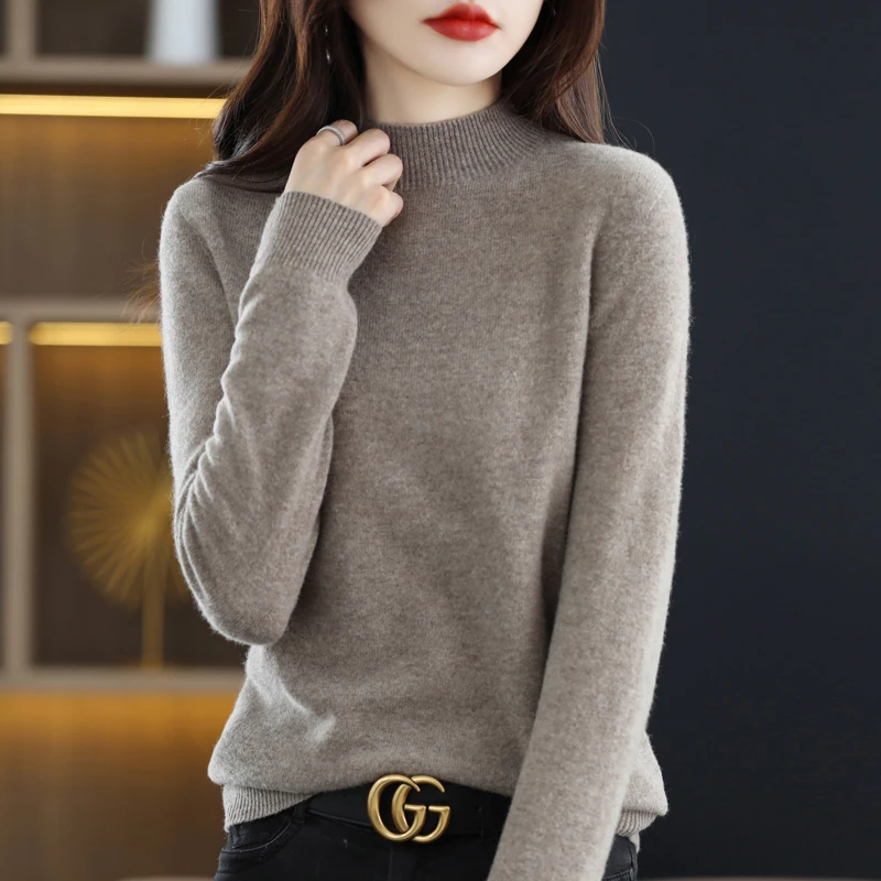 Autumn Winter New Women's 100% Wool Sweater Cashmere Half-high Collar Pullover Wild Pure Color Casual Fashion Long Sleeve Tops