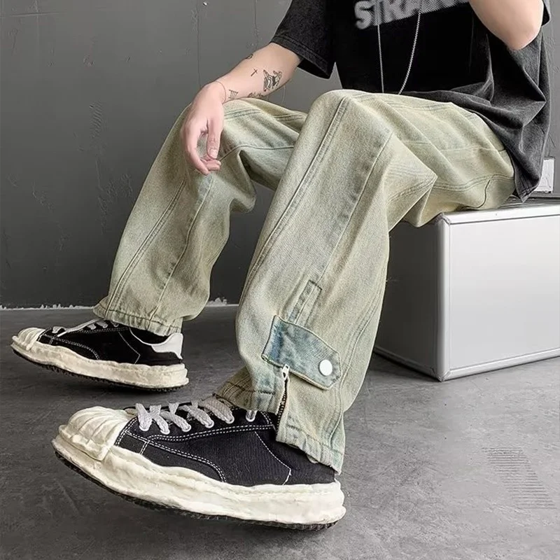 

American High Street Zipper Slit Button Men's Jeans Summer Vintage Straight Loose Wide Leg Hiphop Pants Casual Loose Fit