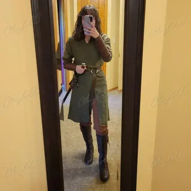 الكبار الرجال القرون الوسطى فارس المحارب زي الأخضر تونك الملابس نورمان شوفالييه جديلة فايكنغ القراصنة ساكسون LARP قميص علوي