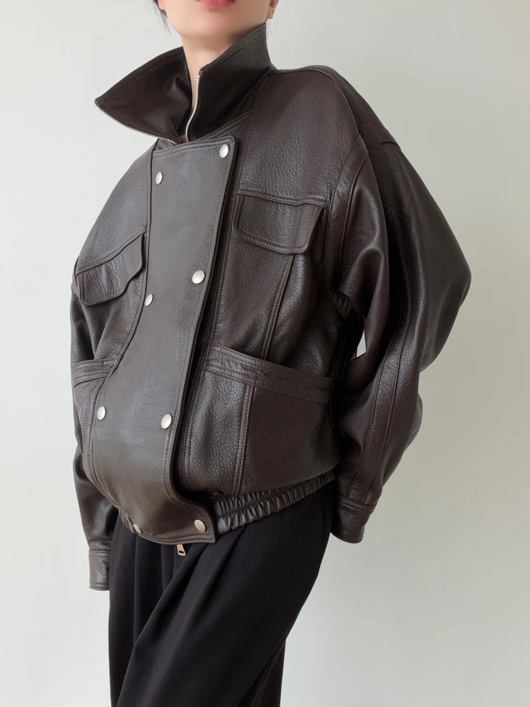 Kurtki motocyklowe damskie ze skóry naturalnej vintage na jesień i zimę 2025, nowe, luksusowe, proste, luźne, typu bubble, z prawdziwej skóry owczej.