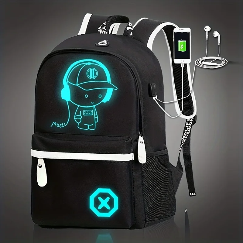 2pcs/set Men's Simple and Large Capacity Casual Backpack, Travel Cartoon Print Crossbody Bag and Chest Bag Set