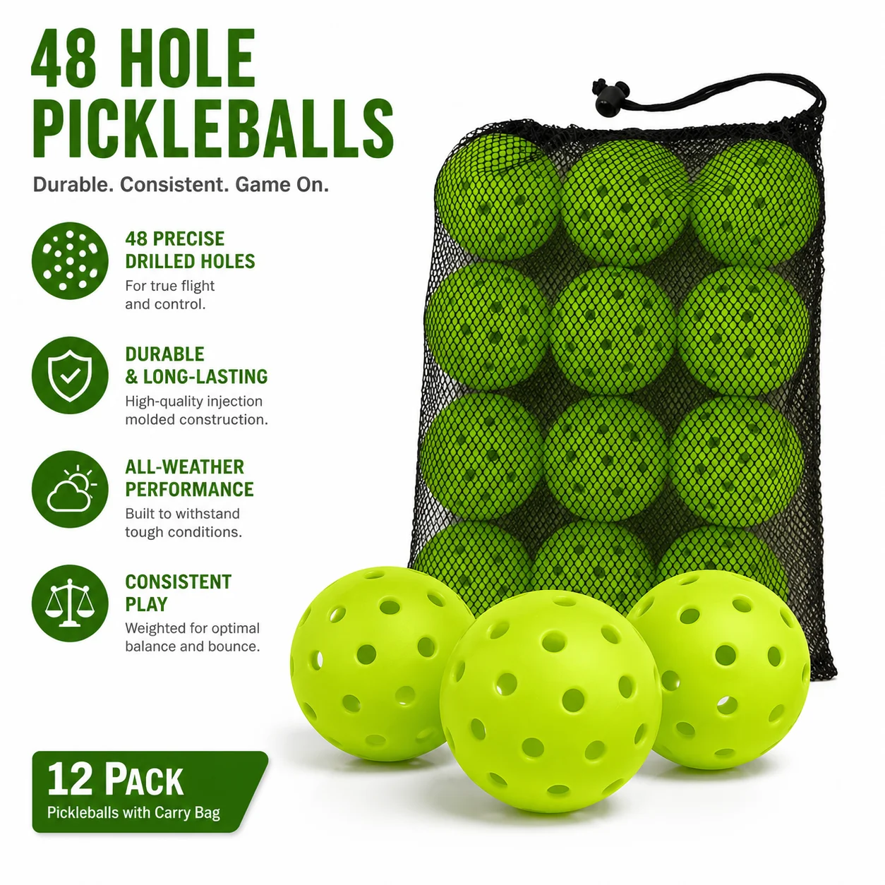 48-holes Outdoor Pickleballs - Official Ball of USA Pickleball, APP Tour + US Open - Regulation Size