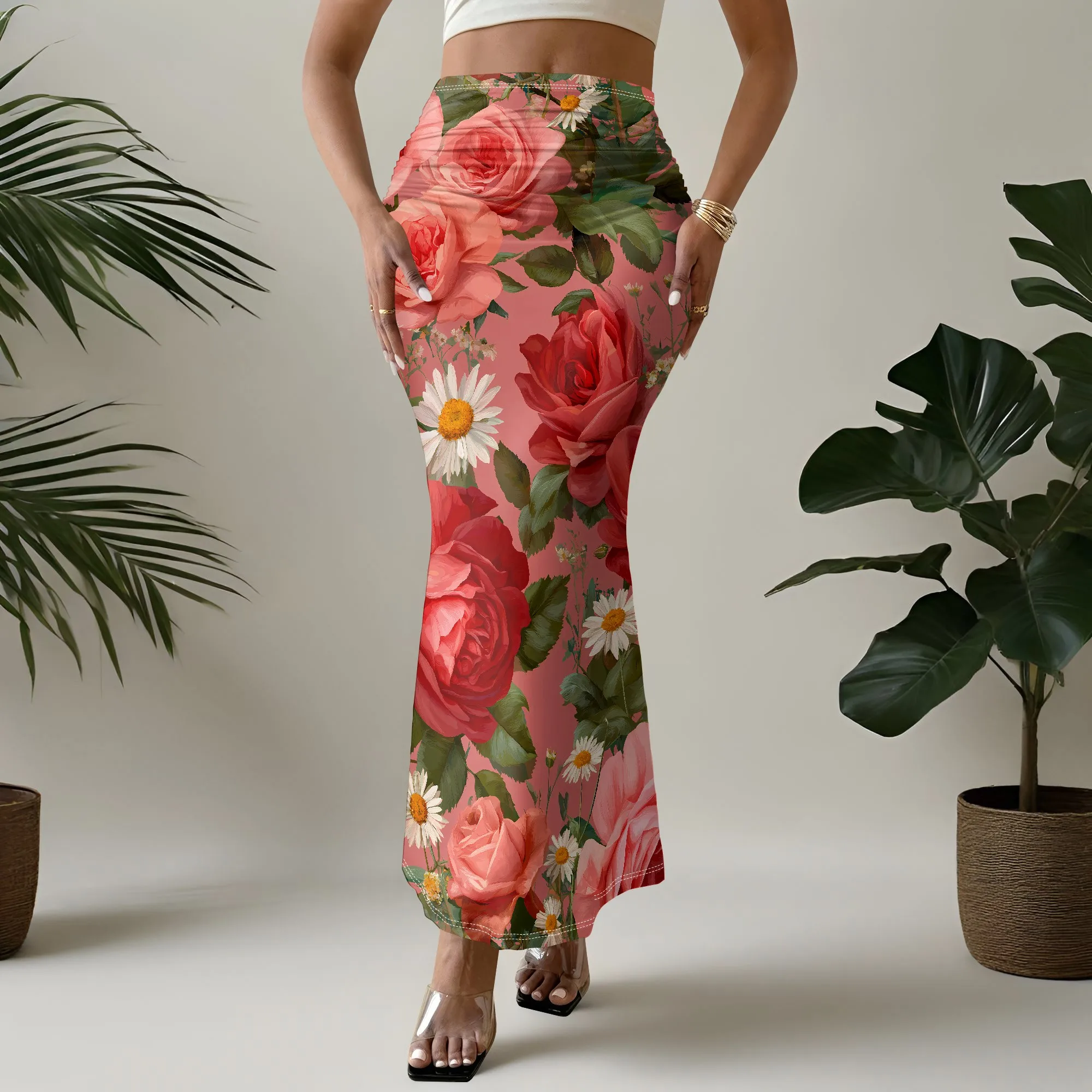 Floral Print Mermaid Skirt, Rose Daisy Pattern, High Waist Bodycon Design, Summer Beach Party Wear, S-2XL