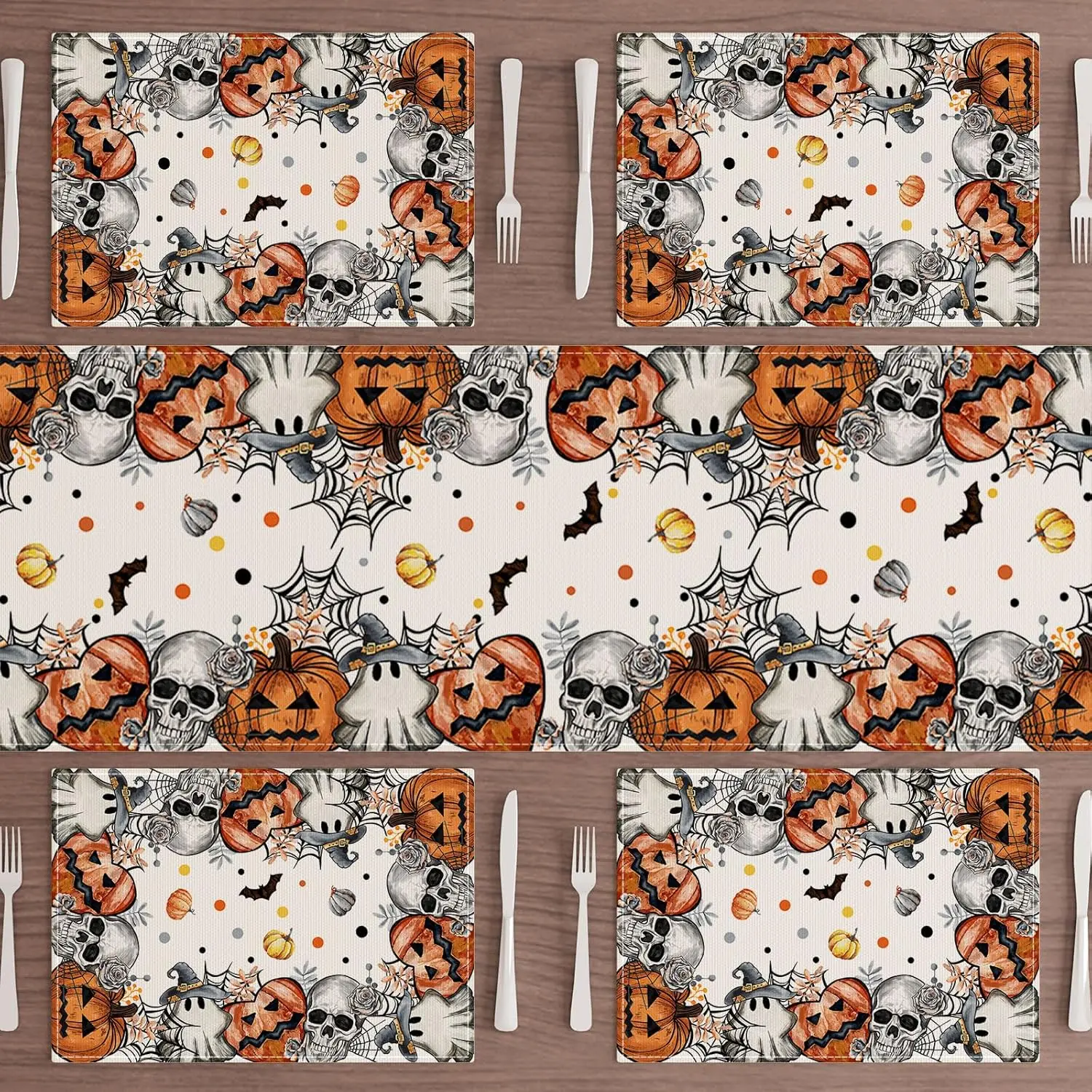 Spooky Skeleton Ghost Pumpkin Halloween Placemats Set Of 4 Table Mats For Party Home Kitchen Dining Table Decorations 12x18