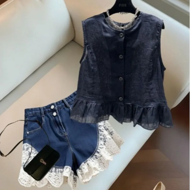 American Retro Design Versatile Wide-leg Jeans Summer New Lace Lace Shorts Exquisite Simple Casual Personality Temperament Trend