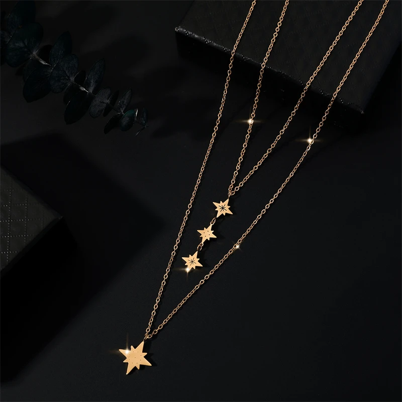 316L Stainless Steel Fashion Fine Jewelry 2-Layer Brightest Star In The Night Sky Charm Chain Choker Necklaces Pendant For Women