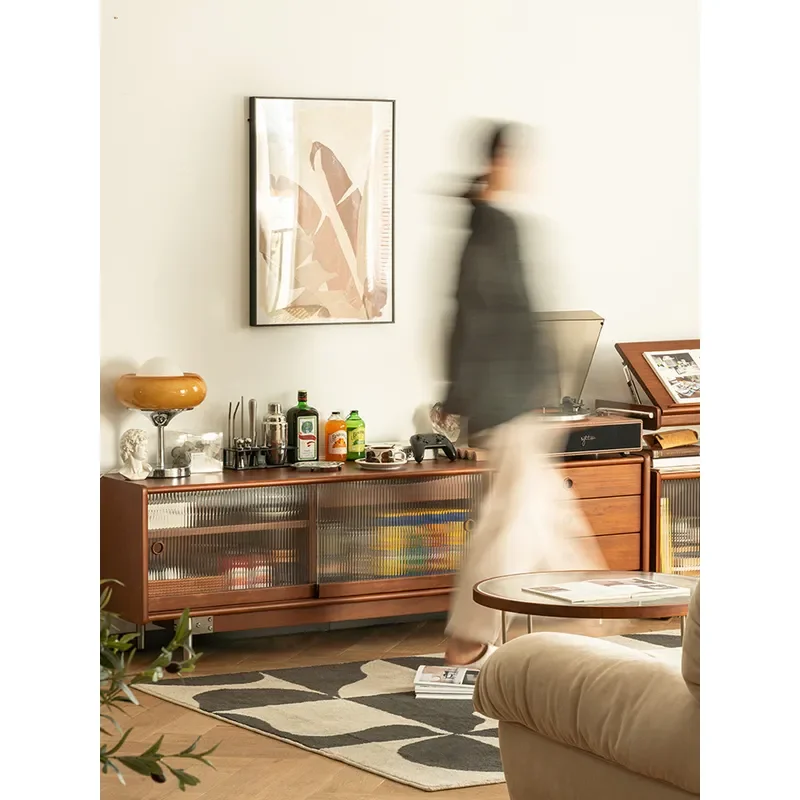 Nordic Solid Wood TV Cabinet Floor to Ceiling Storage Unit for Living Room Small Apartment Glass Audio Visual Media Console