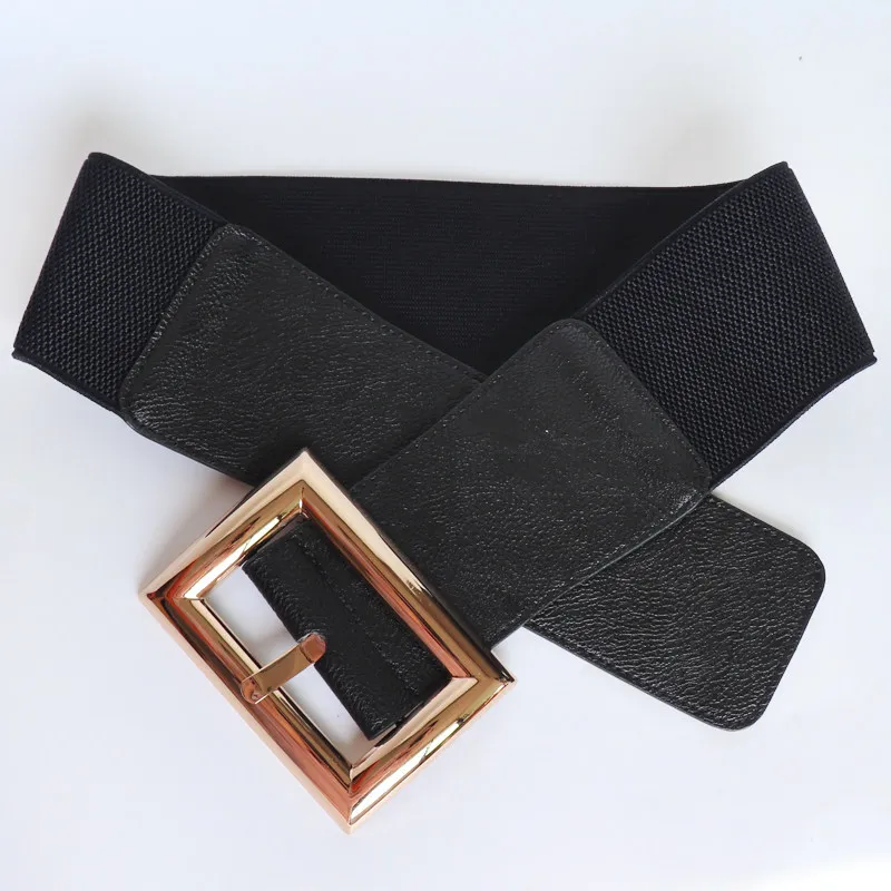Women Gold Big Square Pin Buckle Strechy Belt Simple Western Wide Waistband Fashion Women Closthing Accessory Trendy Dress Belt