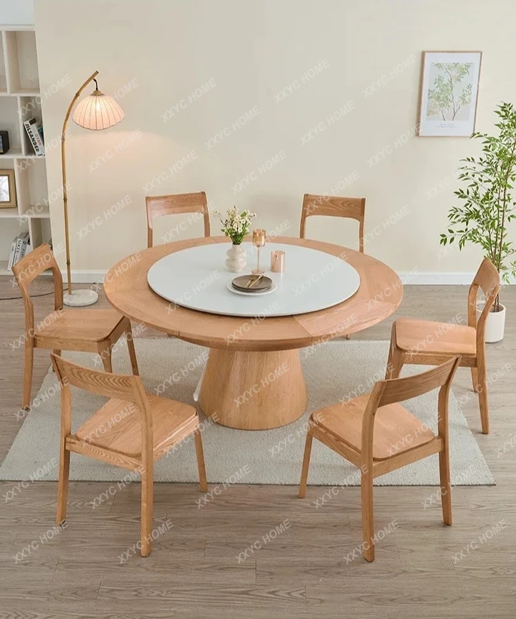 

Rock slab rotating telescopic round dining table with turntable variable diameter ash wood dining table and chairs