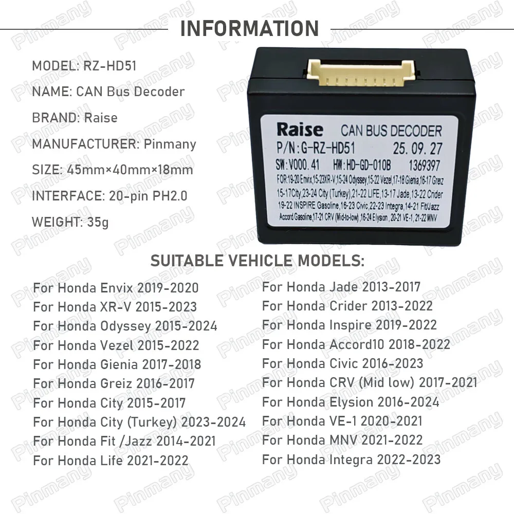 Car CAN Bus Decoder G-RZ-HD51 for Envix XR-V Odyssey Vezel Gienia
