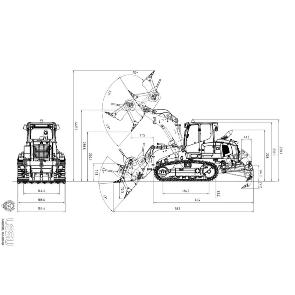 Auf Lager, verbesserte LESU-KITs 1/14 636 hydraulischer Ketten-RC-Lader, unbemalt, unmontiert, Metall-Rücklichter, Radio-Erdungsbeweger