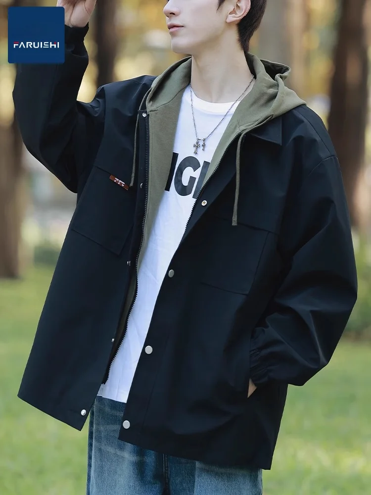 

2025 New Autumn Men's Windproof Jaet Spring Summer Trendy Brand Fake Two-Piece Jaet Youthful Casual Polyester/Nylon Co...