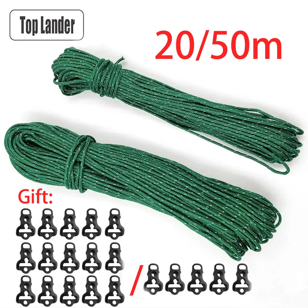 2.5mm Reflective Tent Rope High Strength 20m 50m Multifunction Guyline Rope Camping Tent Tarp Accessory Clothesline Paracord