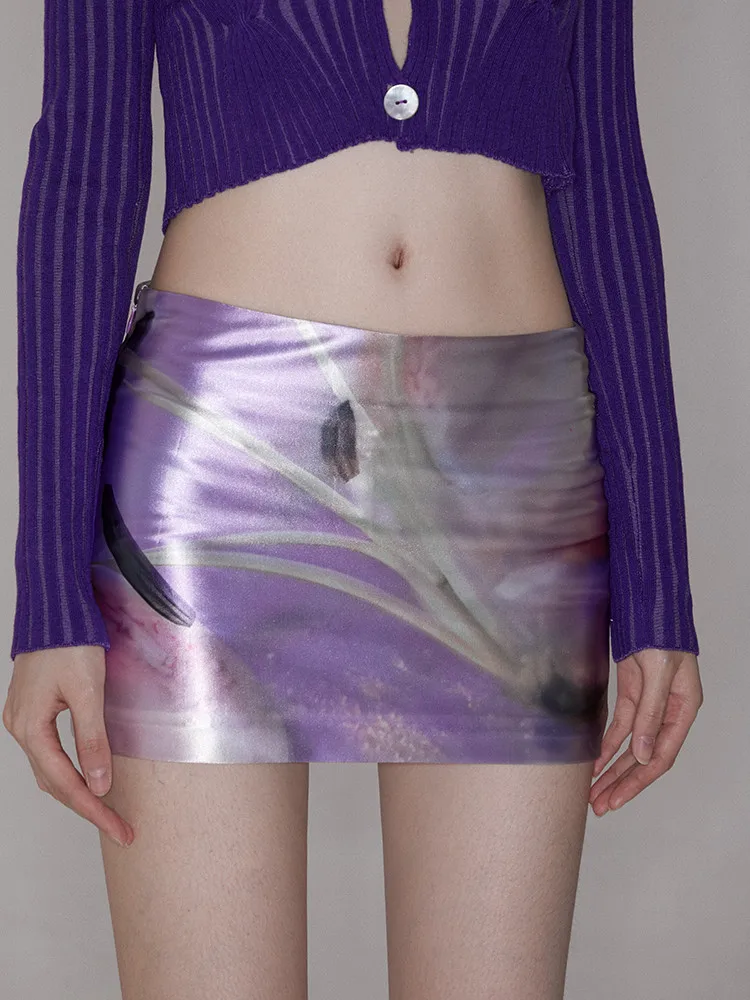 Women's Purple Floral Print Pattern Thin Skirt Summer Sweet Slim Girl Casual Bottoms Female Vintage Mid-waist Sexy Mini Skirts