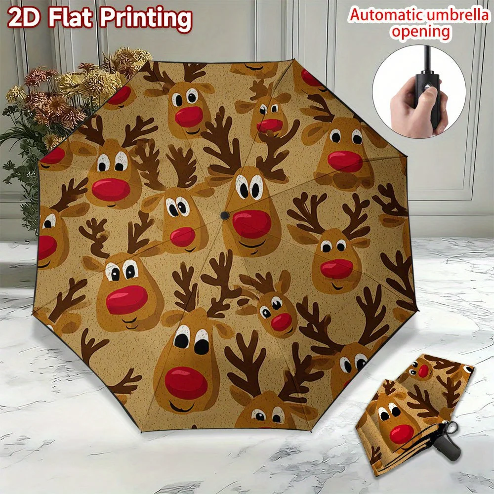 

1pc Automatic Folding Umbrella with Deer & Reindeer Design - 8-Rib Windproof Umbrella, Compact Travel Umbrella for Women, Men,