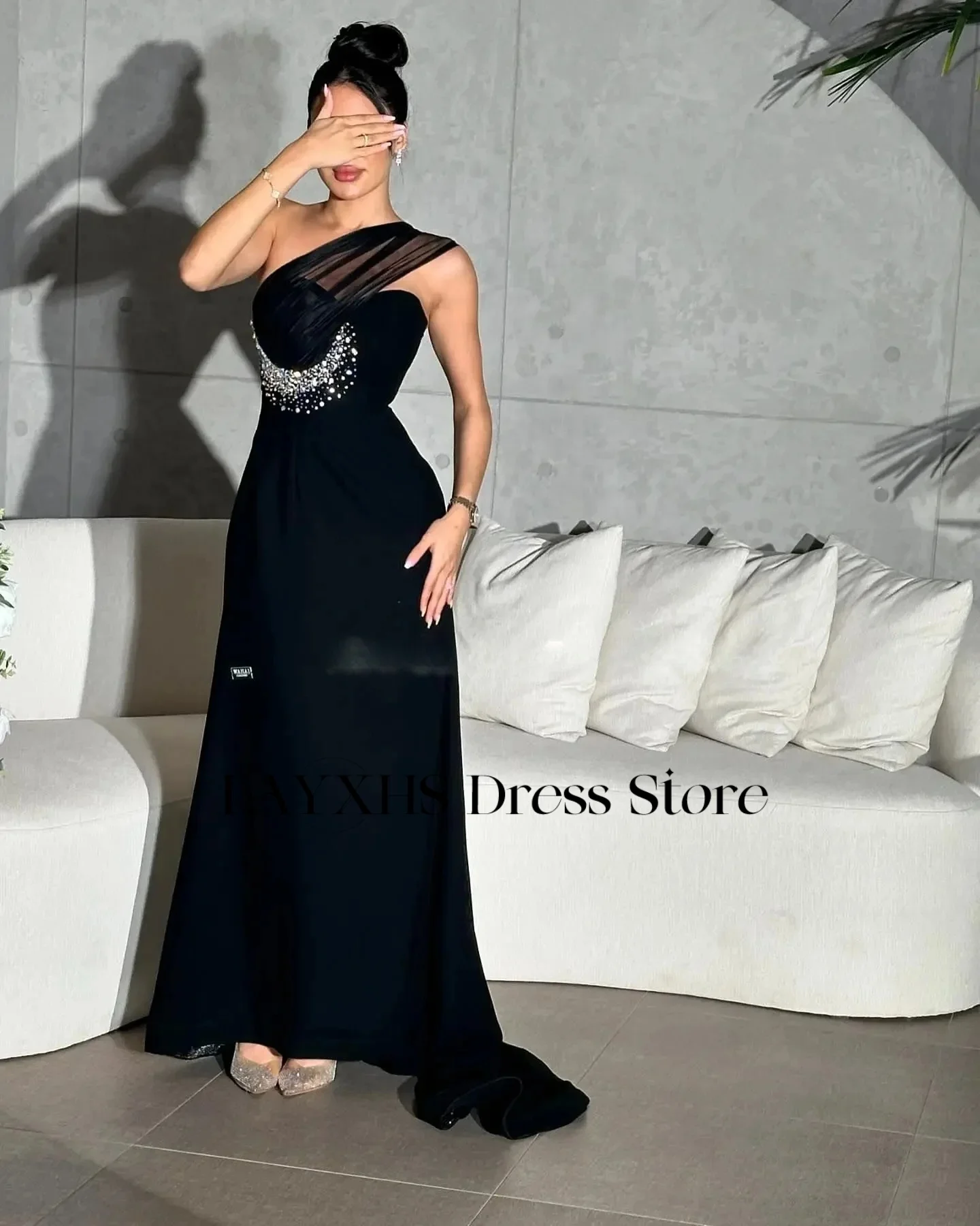 LAYXHS セクシーなブラックワンショルダーイブニングドレスマーメイドビーズフロアレングスウエディングドレスカスタマイズされた فساتين سهرة
