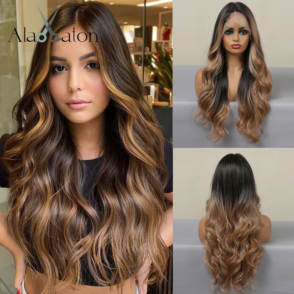 ALAN EATON Long Body Wave Synthetic Lace Front Wigs for Women Afro Brown Ombre to Blonde T Part Lace Wig Colored Highlight Hair