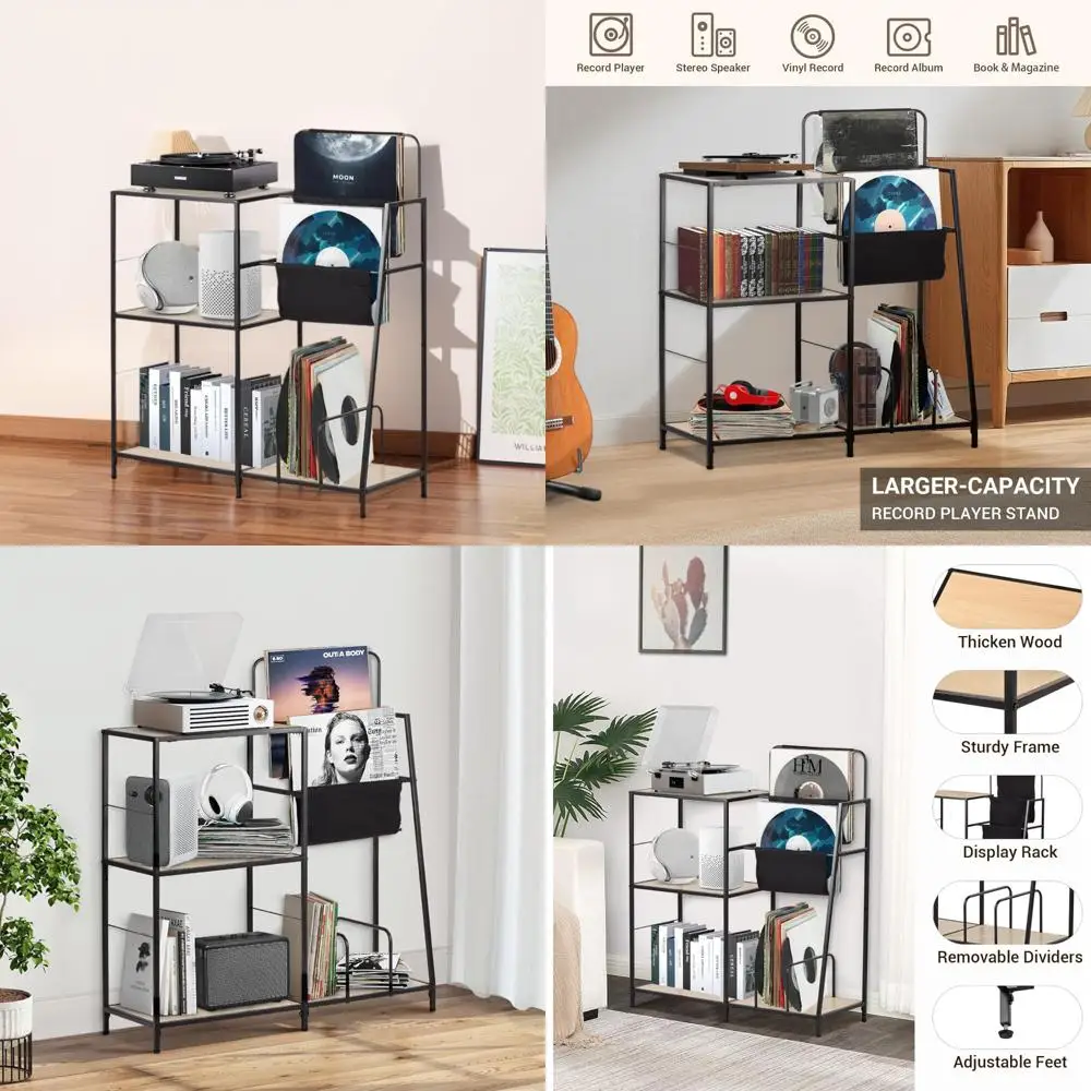 

Record Player Stand, Turntable Stand Holds Up to 200 Albums with 3 Storage Shelves, Vinyl Records Cabinet Display Rack, Magazine