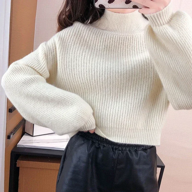 AOSSVIAO Women Mock Neck Thermal Sweater Lantern Sleeve Solid Basic Jumpers Casual Knit Sweater For Women 2024 Autumn Winter