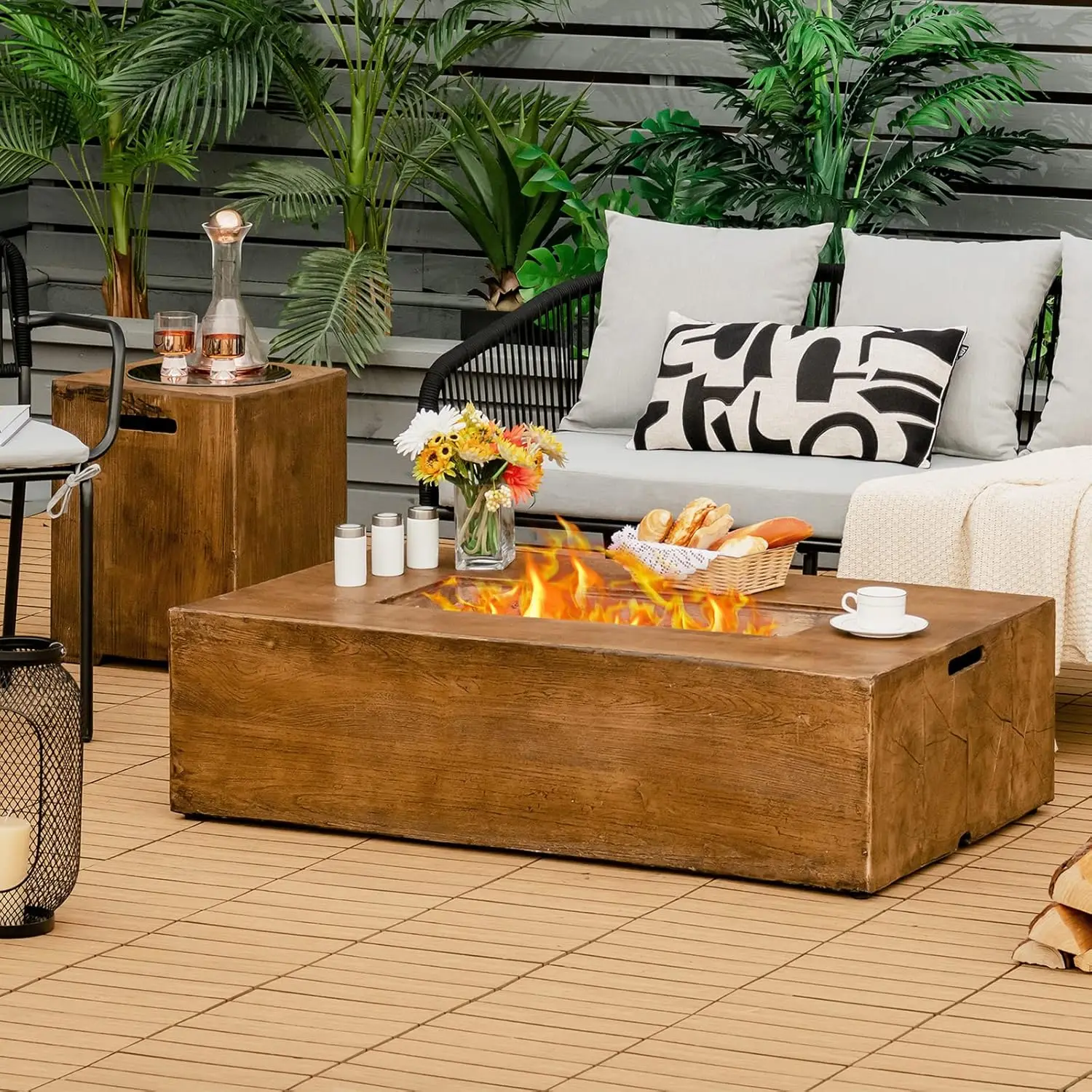 

50 000 BTU Rectangular Gas Fire Pit Table Wood Look Propane w Waterproof Cover Lava Rocks Modern Outdoor Patio 48in Customized