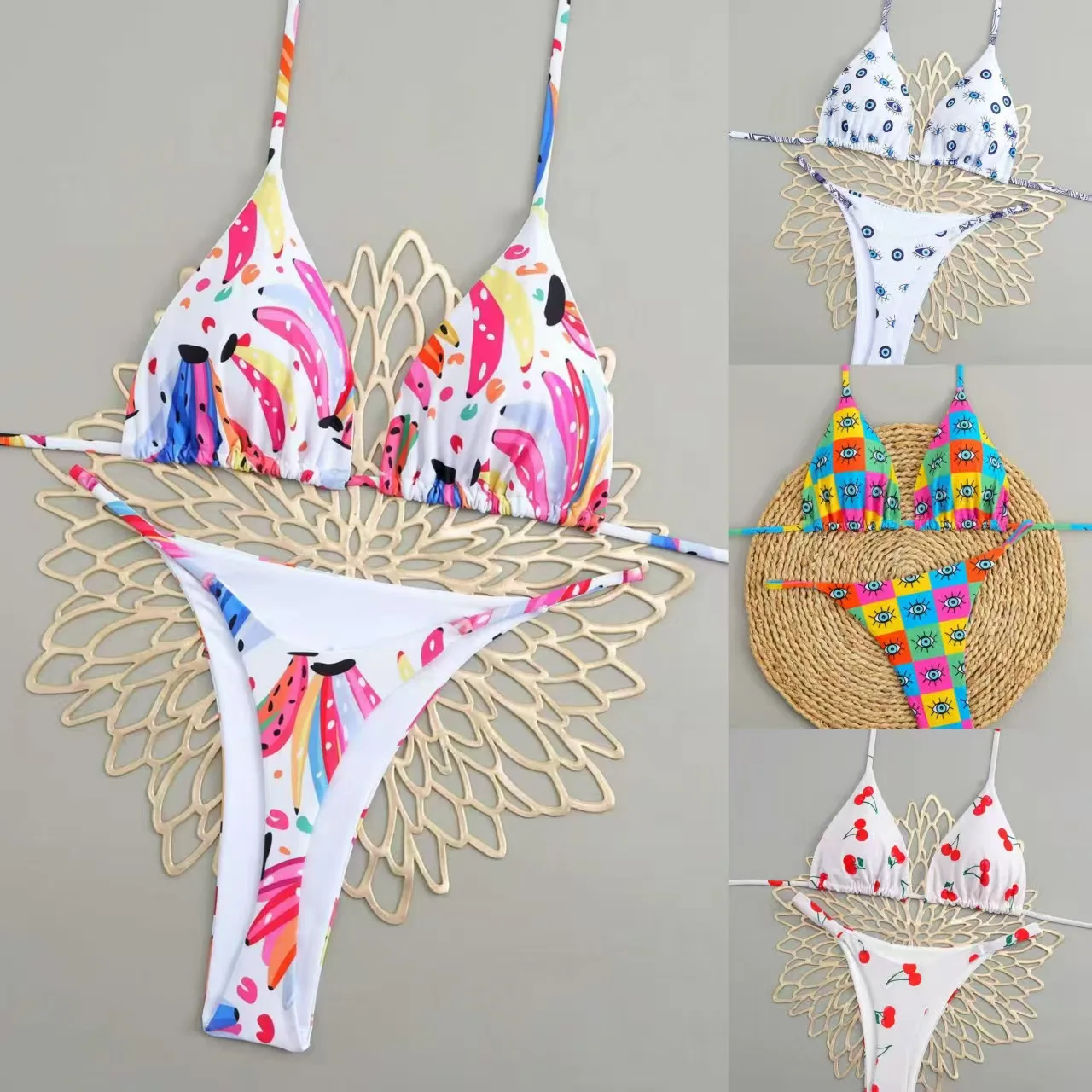 مثير مثلث رفع ثوب سباحة مثير الجانب سلسلة ثونغ البيكينيات النساء الكرز عيون طباعة المايوه مبطن ملابس السباحة ملابس الشاطئ #2