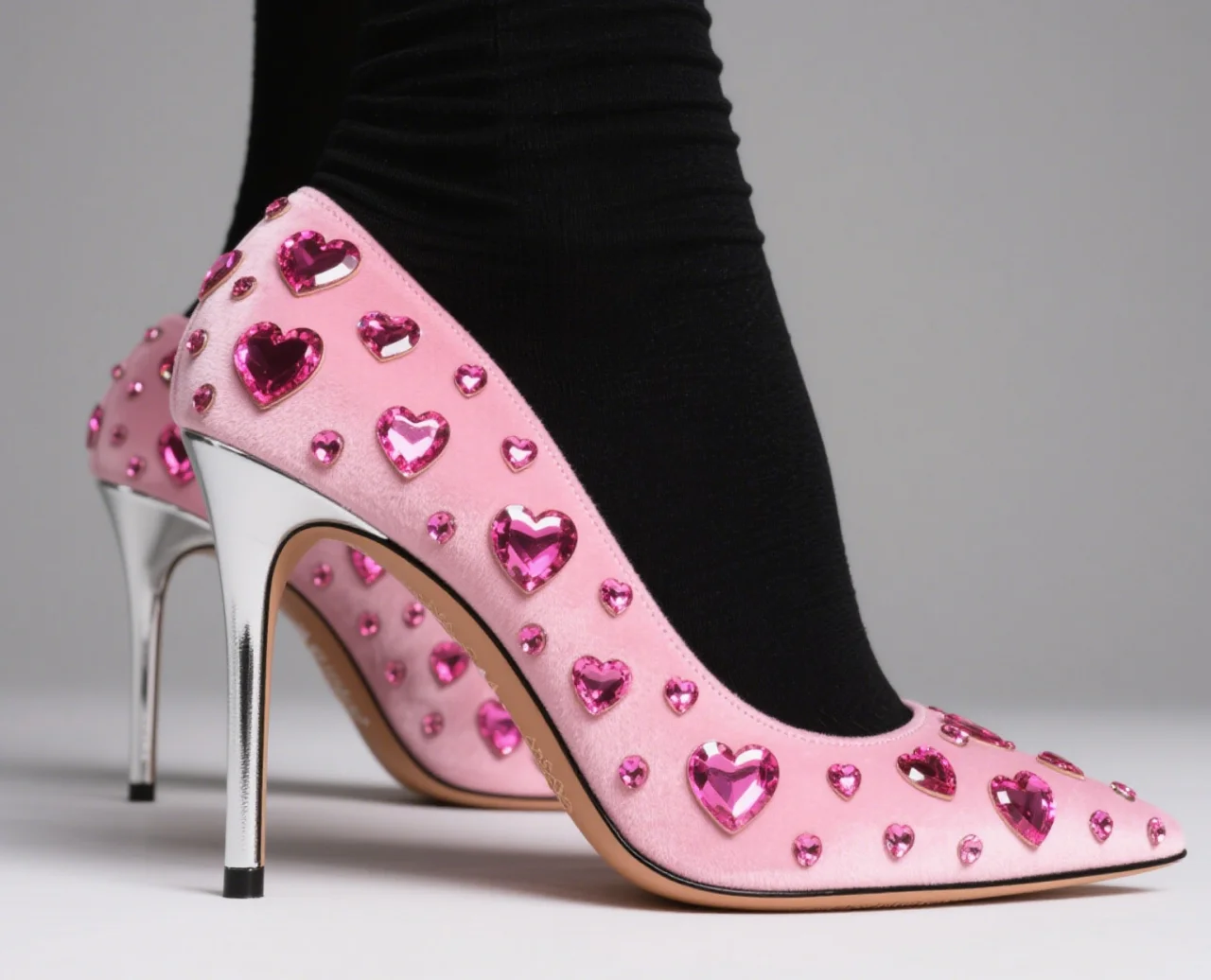 Pink Velvet Rhinestone High Heels Woemn Bling Heart Diamond Pointed Toe Pumps Fashion Shallow Slip On High Heel Party Shoes