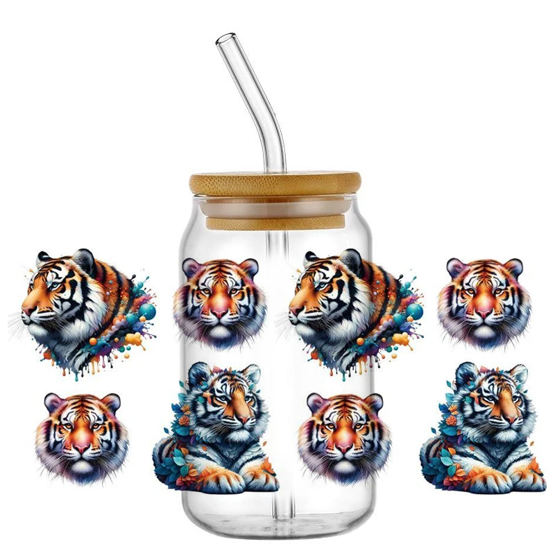 Tiger Pattern Uv Dtf Cup Wraps Vibrant Wild Animal Transfer Stickers For 16oz Glass Cans Waterproof Diy Transfer Decals