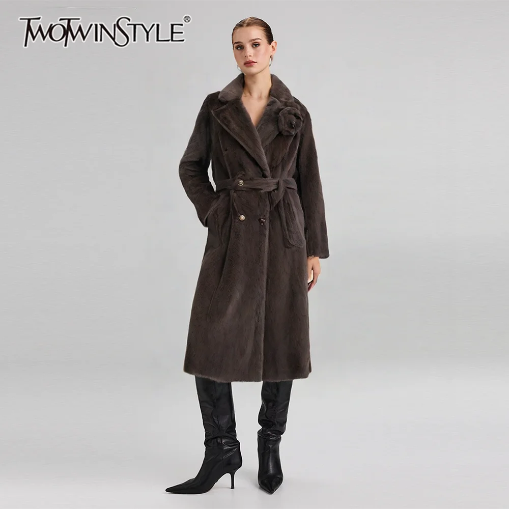 TWOTWINSTYLE Solid Slimming Spliced Buttons Vintage Coats for Women Lapel Long Sleeves Tunic Patchwork 3D Flower Coat Female New