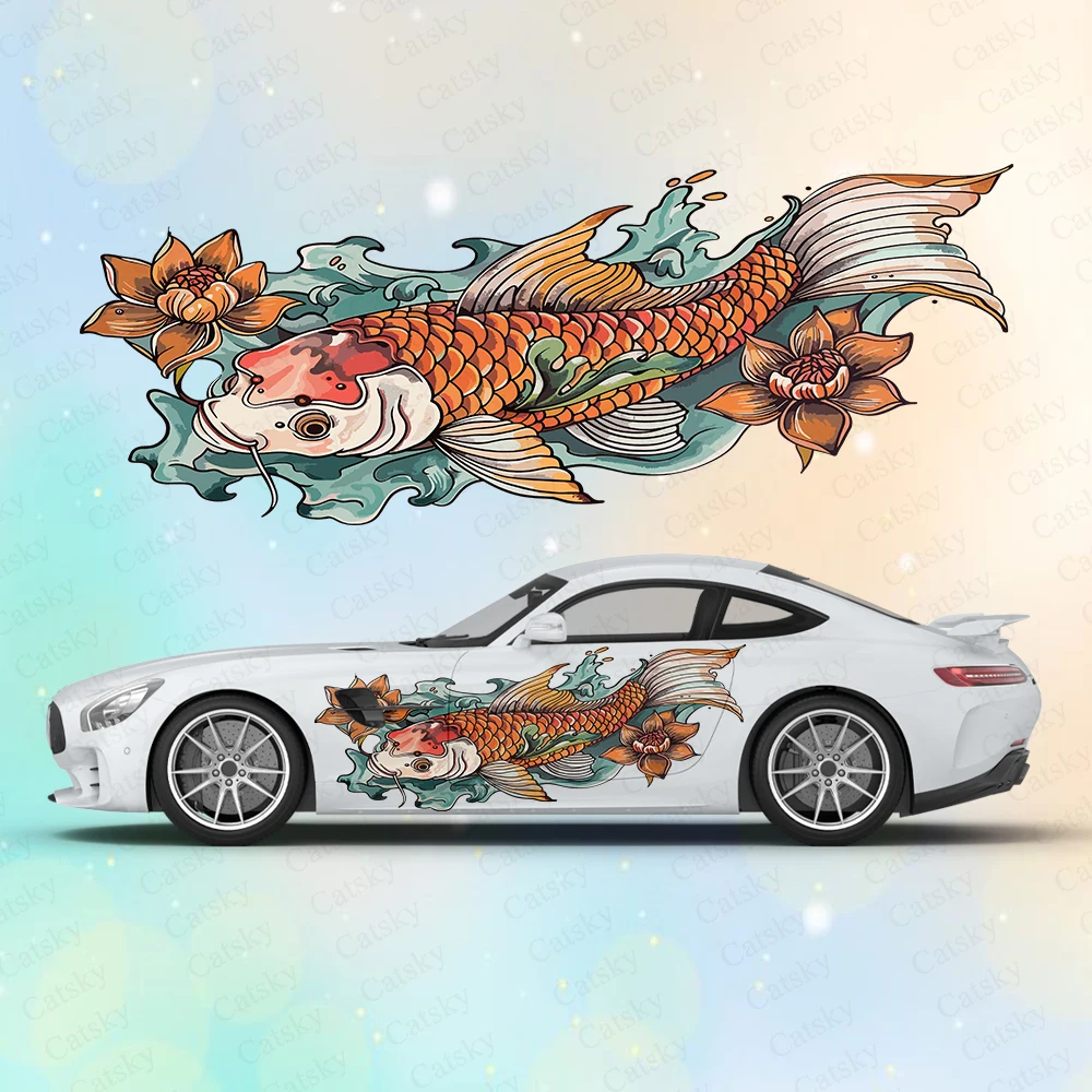 Koi Fish with Flowers Large Car Stickers and Decals Car Body Stickers Car-Side Decals Waterproof Car Vinyl Stickers