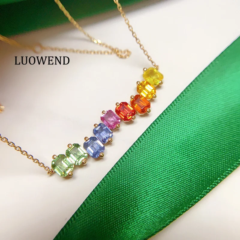 

Ожерелье LUOWEND из 100% 18-каратного желтого золота, модное ожерелье в стиле INS с подвеской из натурального сапфира для женщин, элитные свадебные украшения