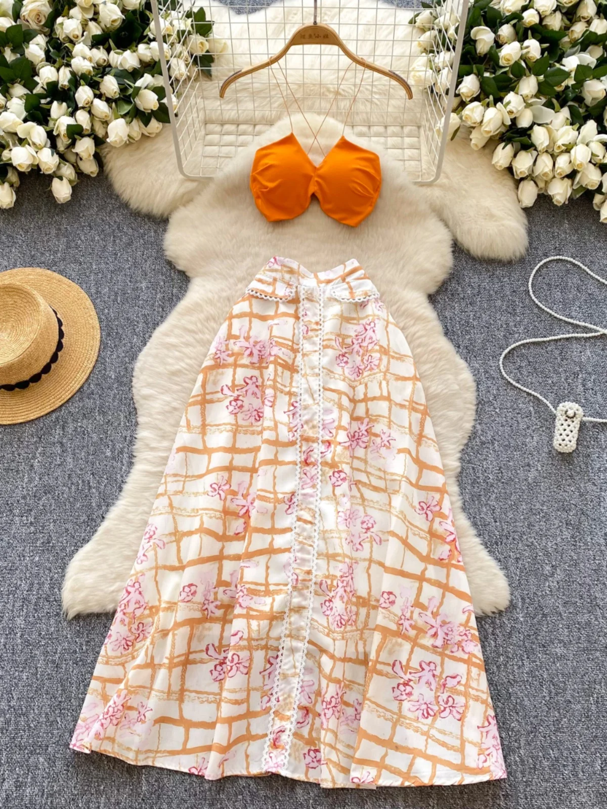 

Summer Holiday Beach Skirts Outfits Womens Fashion Crop Tpo And High Waist Print Floral Long Skirt 2 Piece Sets Women Clothing