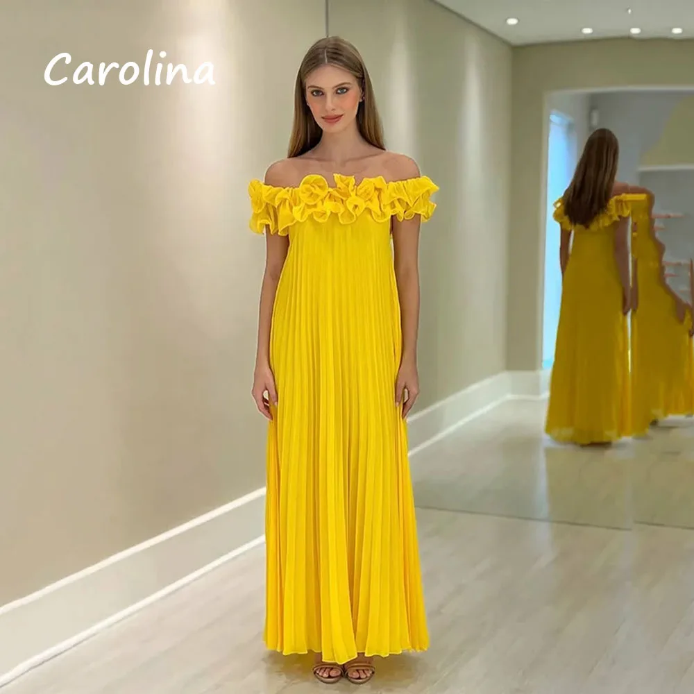 

Carolina Customized Yellow Prom Dresses Ruched Long Chiffon Evening Party Dress Formal Dress Off Shoulder Backless Gala Gowns