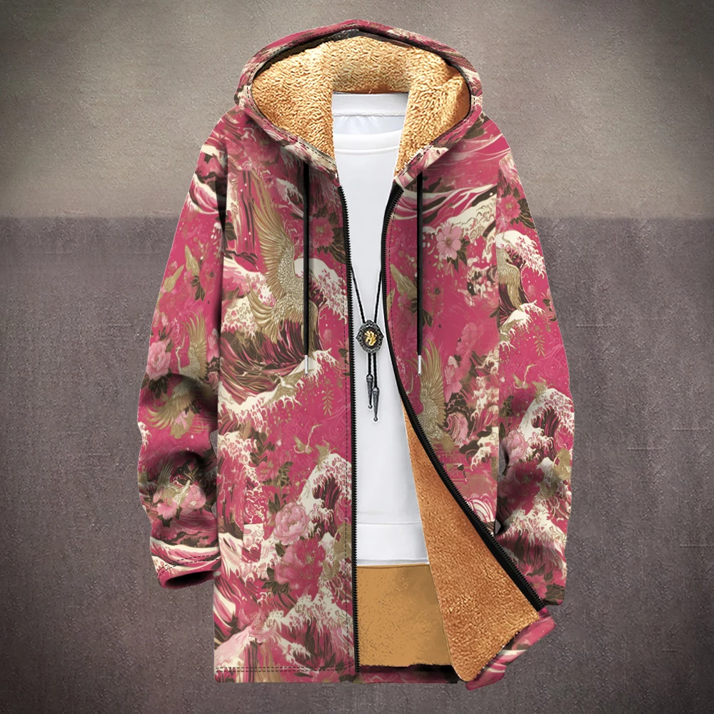 

Японский мужской кардиган с принтом океанской волны, флисовая плюшевая толстая длинная куртка-парка, теплая верхняя одежда, одежда больших размеров