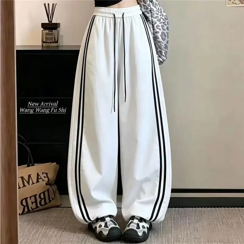 Loose Joggers Pants Women Stripes Drawstring Pants Streetwear Hip Hop Y2k Baggy Wide Leg Sweatpants Casual Fashion Thin Trousers