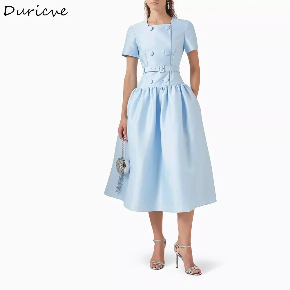 Duricve Customized Baby Blue Dupioni Satin Dubai Midi Evening Dresses A-Line Tea-Length Prom Gown Saudi Arabic Women Formal Gown