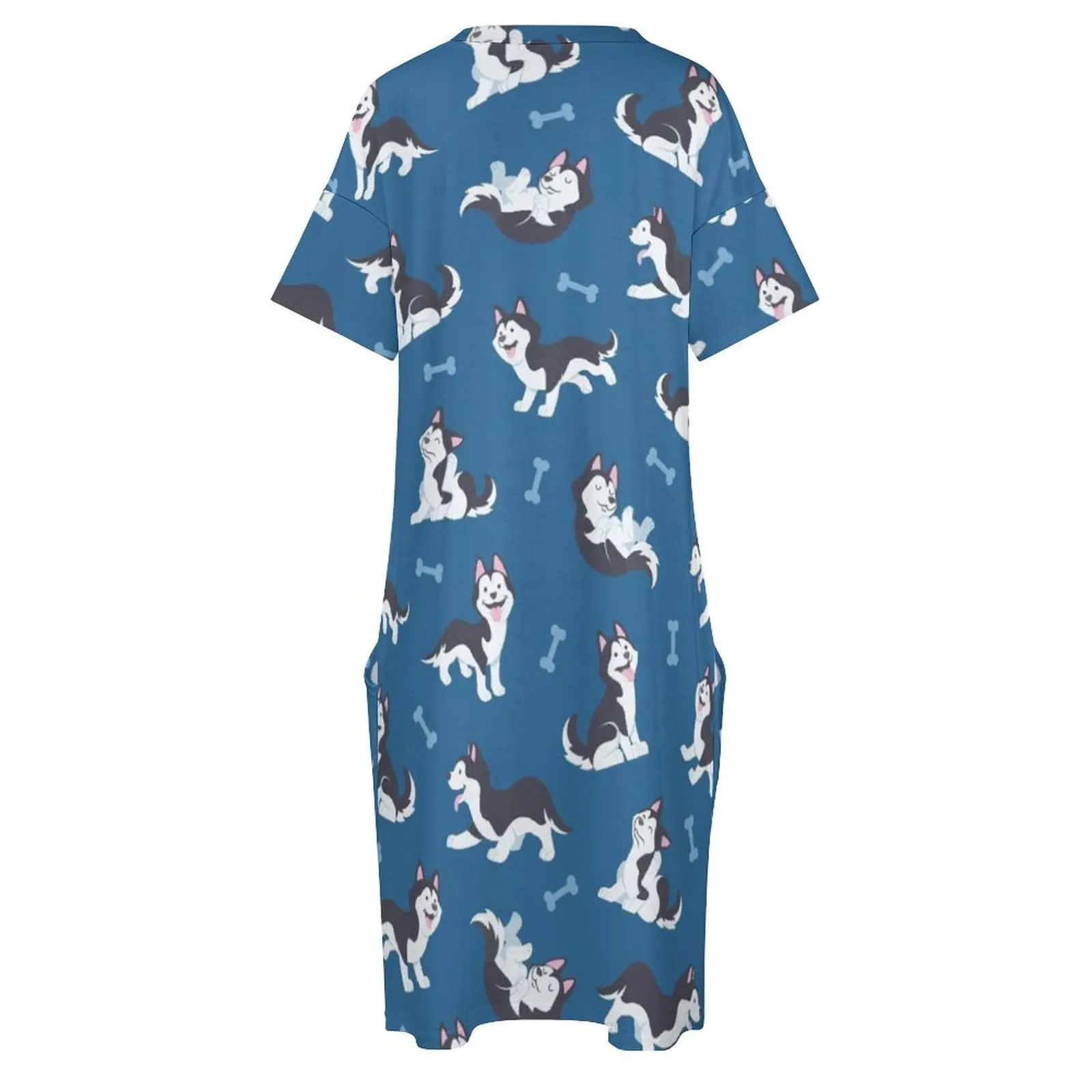 愛らしいシベリアン ハスキーかわいい子犬犬ブルー - パターン ルーズ ポケット ドレス女性のイブニング ドレス 2025 プロム ドレス 2025