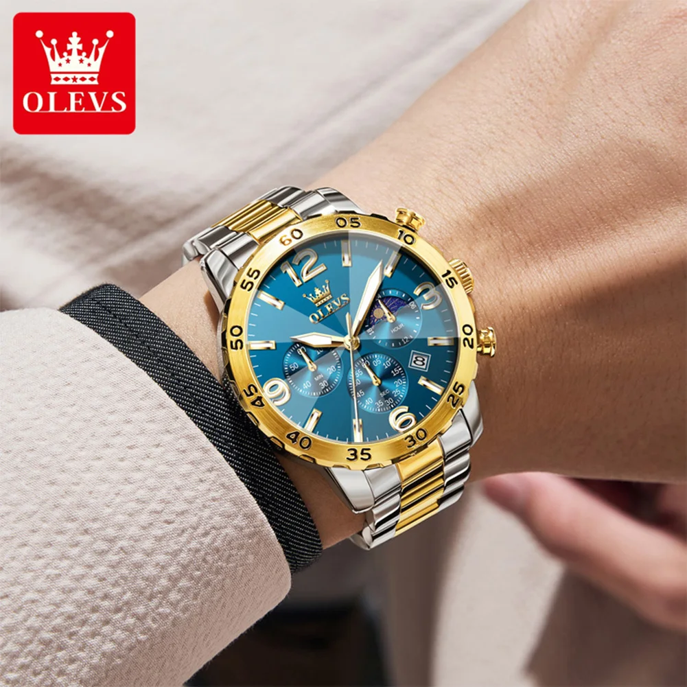 OLEVS 3678 ساعة رجالية فاخرة تاريخ تلقائي مقاوم للماء مضيئة كرونوغراف من الفولاذ المقاوم للصدأ مرحلة القمر ساعة كوارتز رياضية للرجال