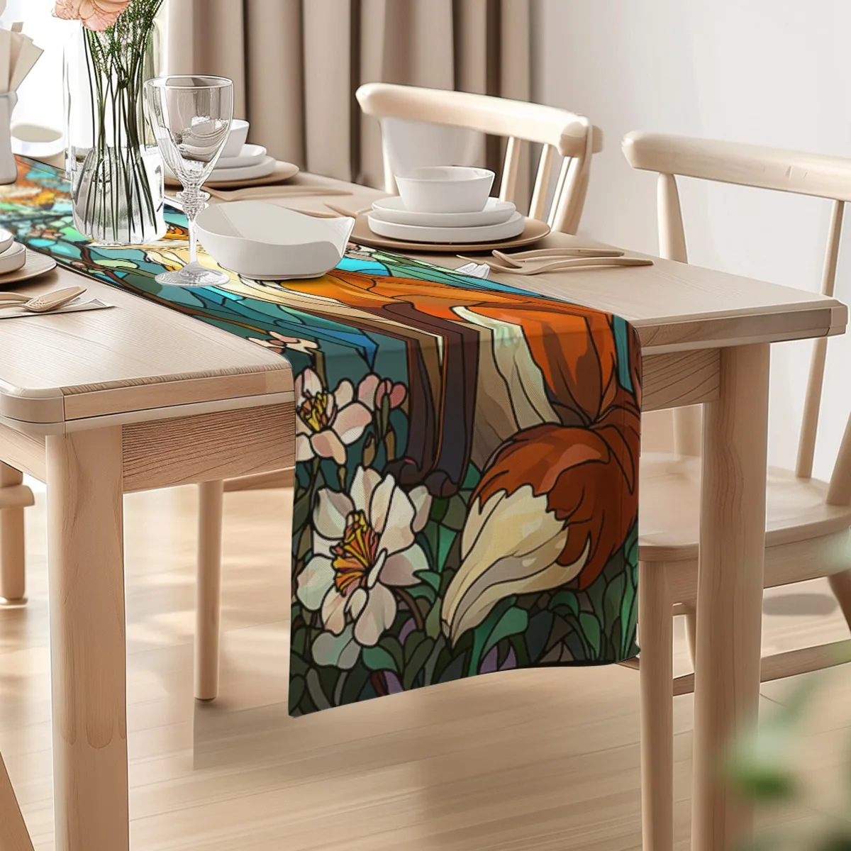 print table runner Fox and Blossom Stained Glass Style Long cloth for Weddings Elegant Home Decor accessories,home Durable Fabri