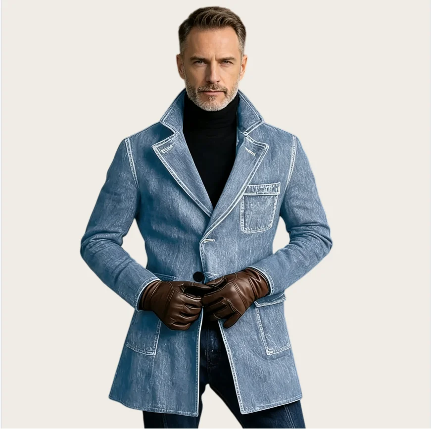 Trench Coat Formal - Vintage Herrenanzüge aus gewaschenem Denim, mittellanger